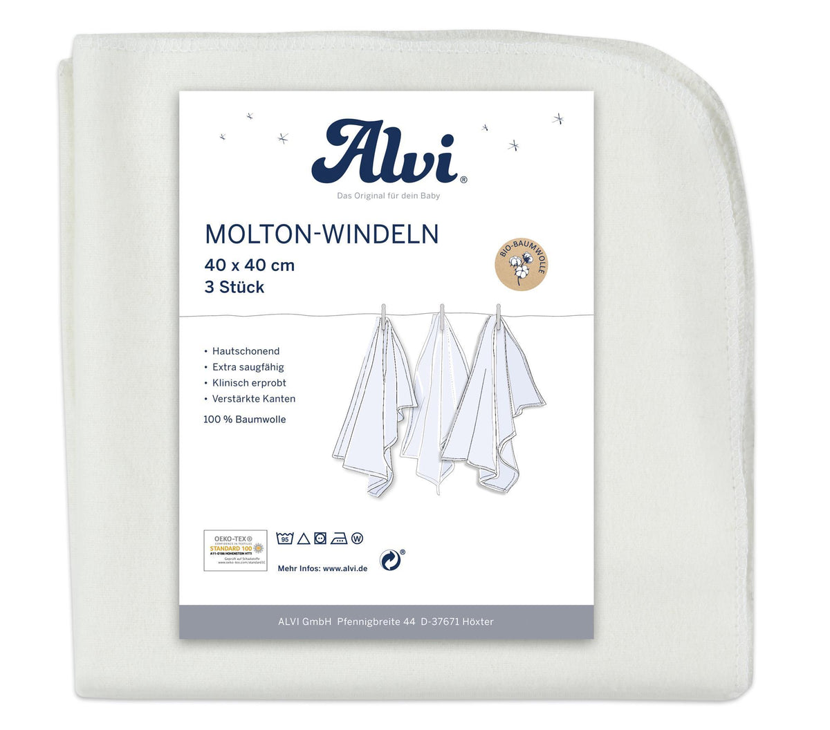Molton Windeln 3er Pack - weiß 40x40